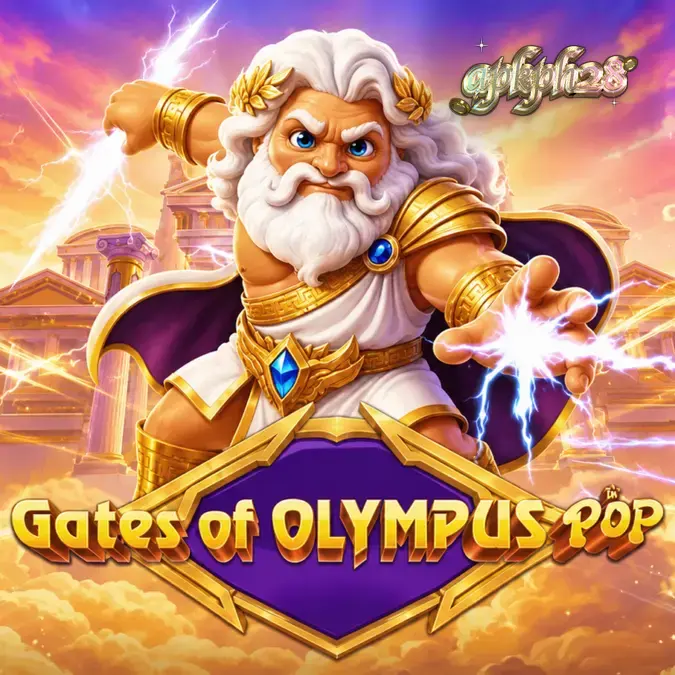 Tampilan antarmuka permainan slot Gates of Olympus POP dengan simbol Zeus dan grid 3x5